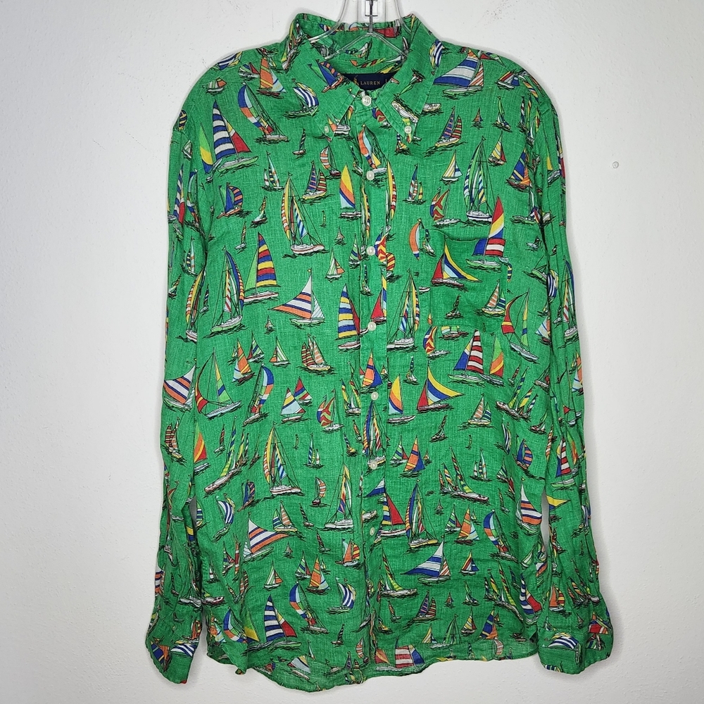 Ralph Lauren Mens Large Linen Long Sleeve Sailboat Shirt Nautical Green Button